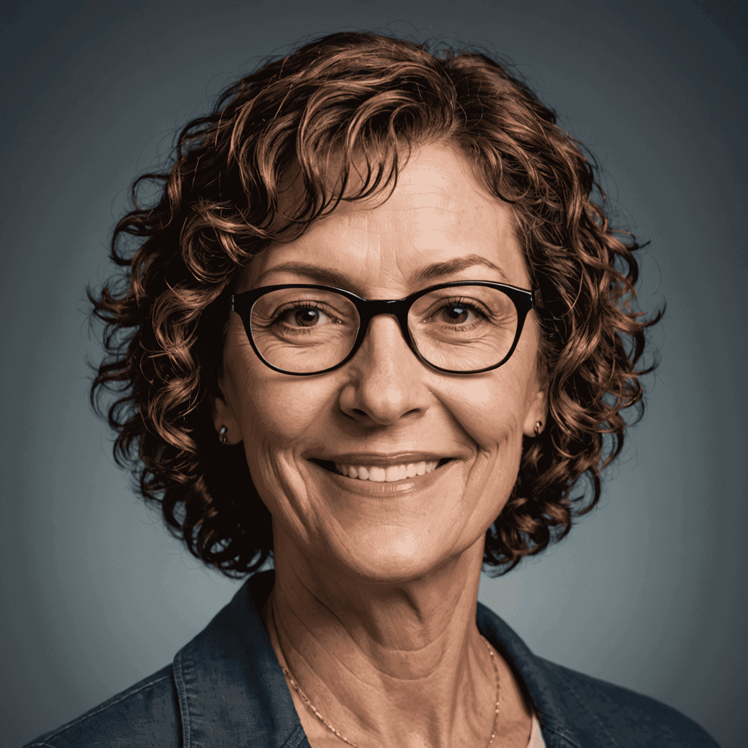 Portrait of Jane Doe, a middle-aged woman with short curly hair and glasses, smiling warmly at the camera